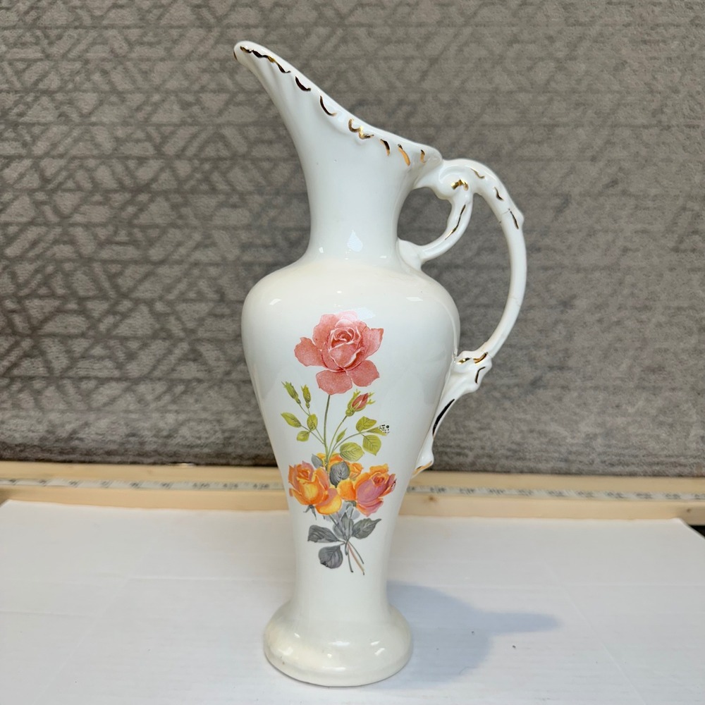 Vintage Porcelain Pitcher‎ Cream Floral Roses Gold Trim Handle Vase Home Decor